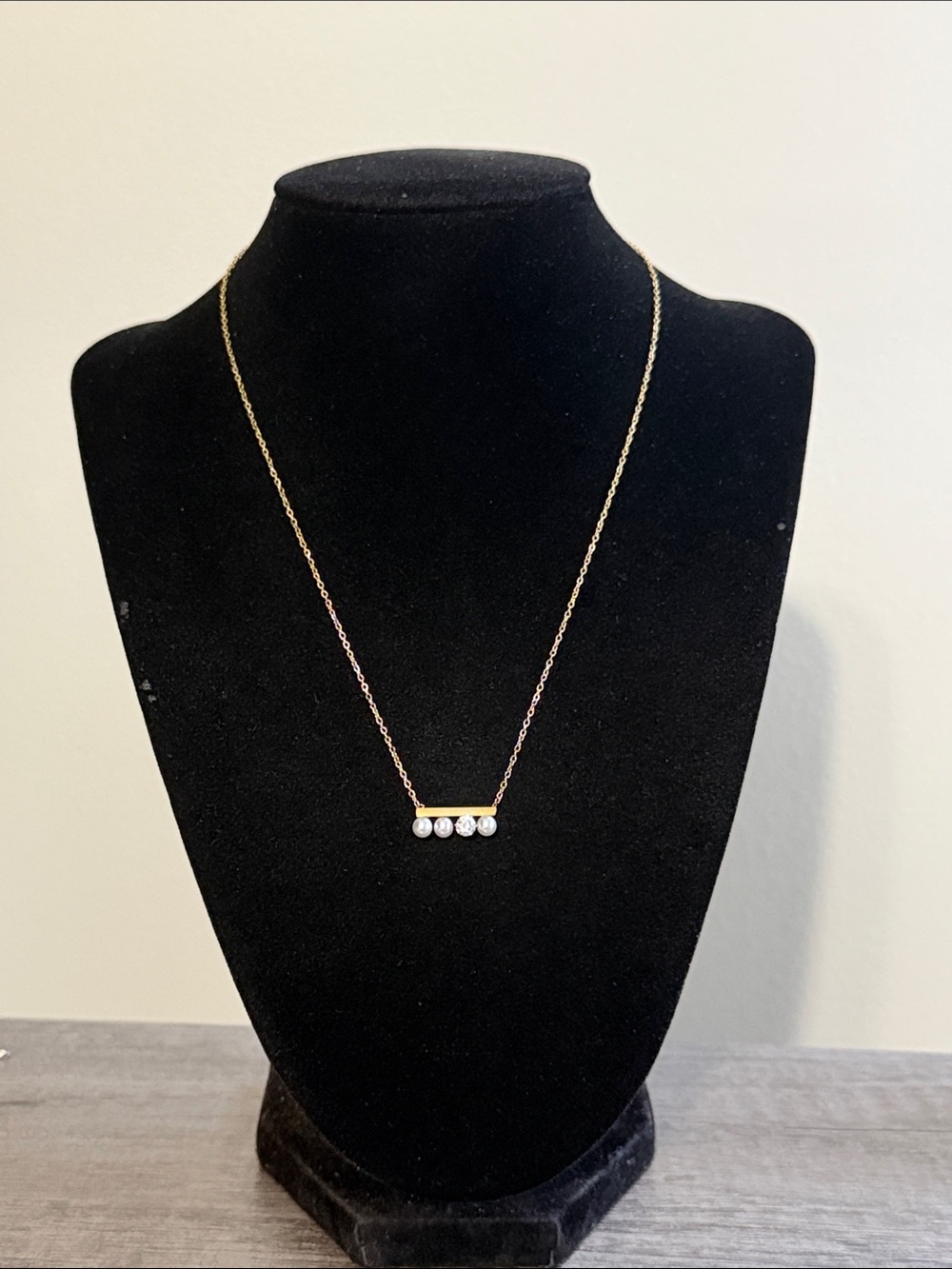 Gold Plated Stainless Steel Pearl & Stone Bar Necklace